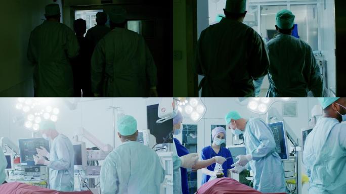 外科医生和助手走进手术室