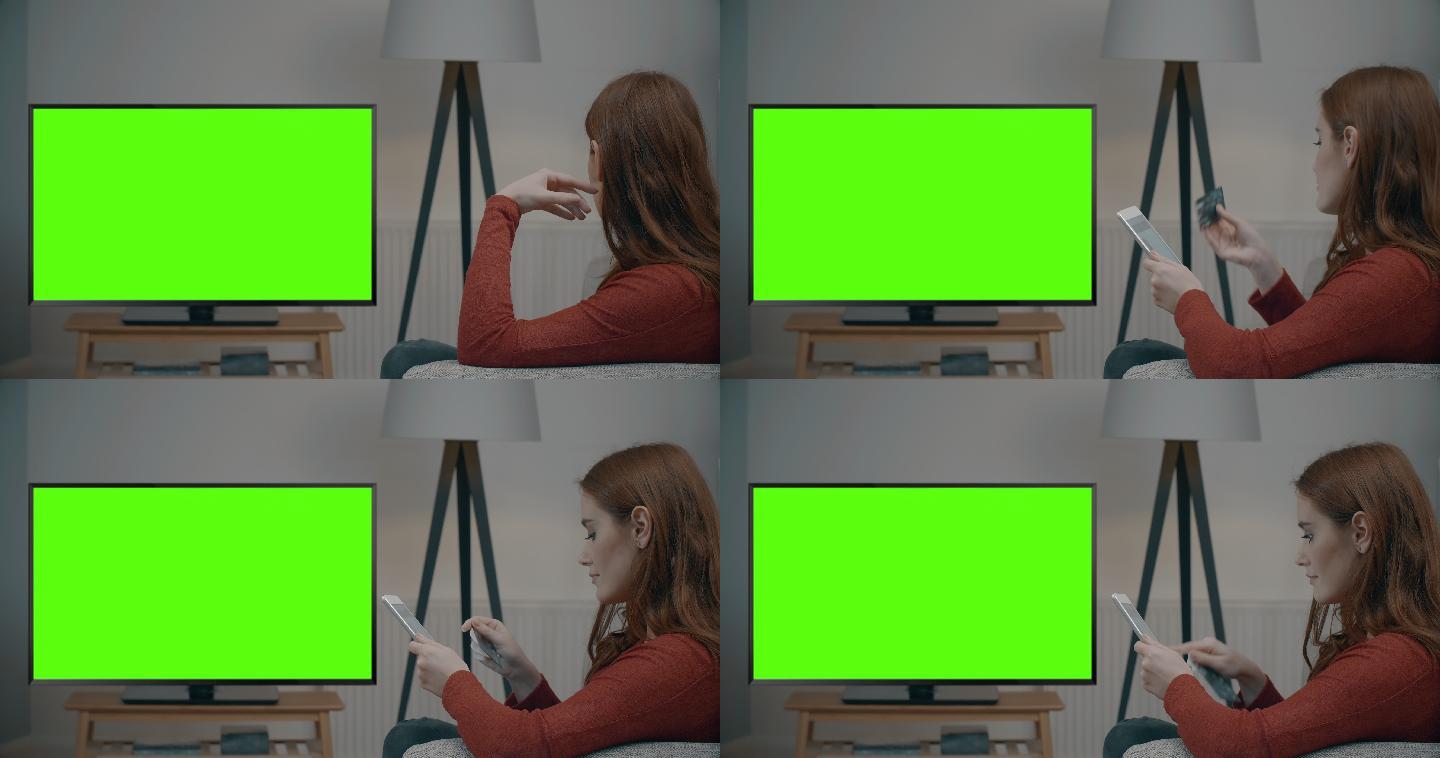 绿幕电视、平板电脑和信用卡。