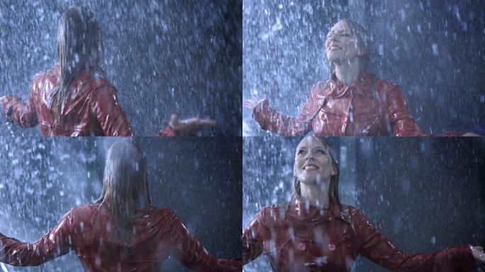 在雨中旋转的女人