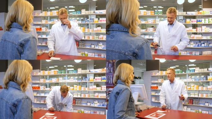 药剂师在商店里帮助妇女拿药