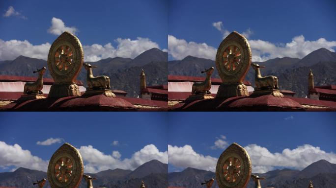 西藏布达拉宫屋顶上的建筑装饰延时拍摄