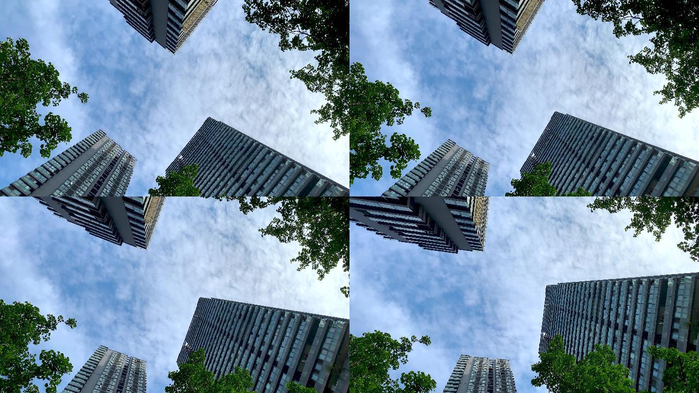 城市树木高楼间的天空蓝天白云