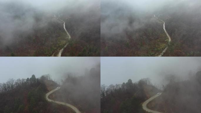 山区雨雾天公路航拍