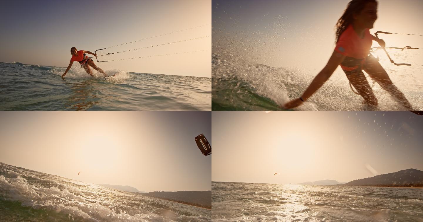风筝板慢动作升格镜头外国美女海上刺激