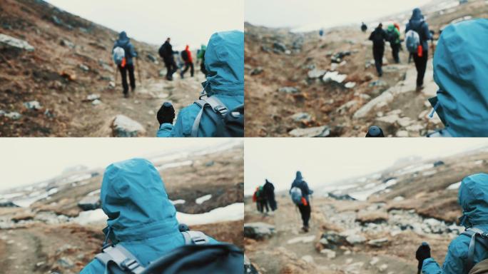 徒步旅行者在喜马拉雅山脉之一的斜坡上行走