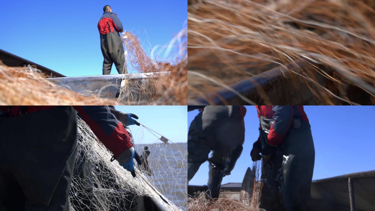 劳动人民渔民撒网放网打渔收网渔网实拍