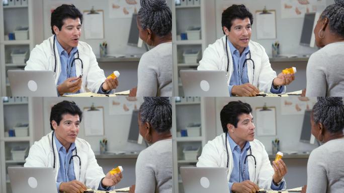 男医生与女患者讨论处方药副作用