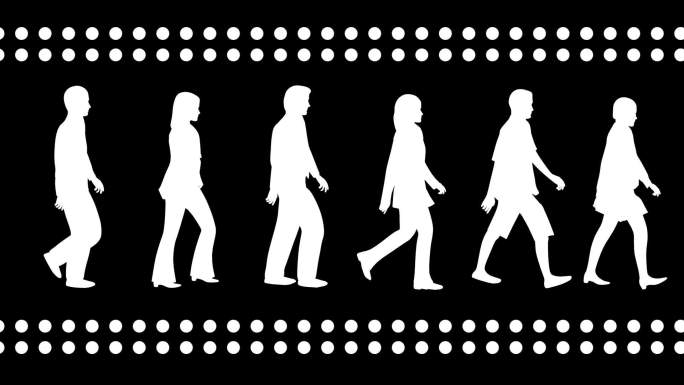 三个男人和三个女人走路的可循环轮廓。