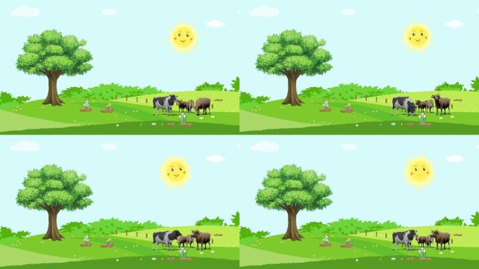 卡通小清新可爱奶牛草地上悠闲吃草背景视频