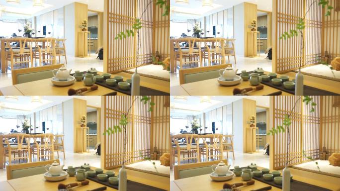 现代客厅茶几上的日式茶具
