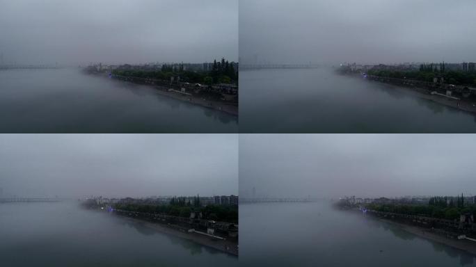 航拍襄阳汉江平流雾城市风光