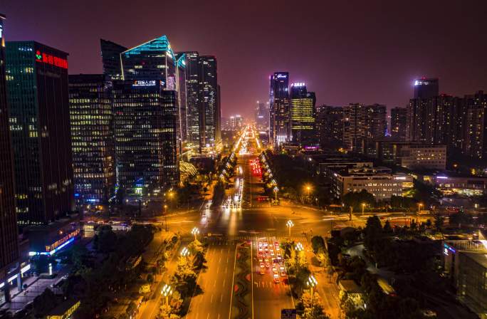 成都中轴天府大道夜景车轨航拍延时摄影4K