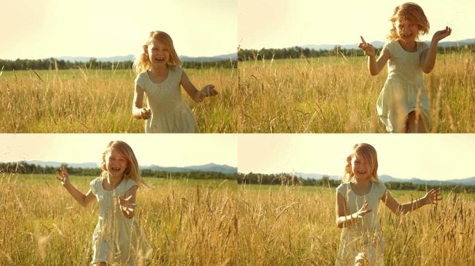 在草地上奔跑的小女孩