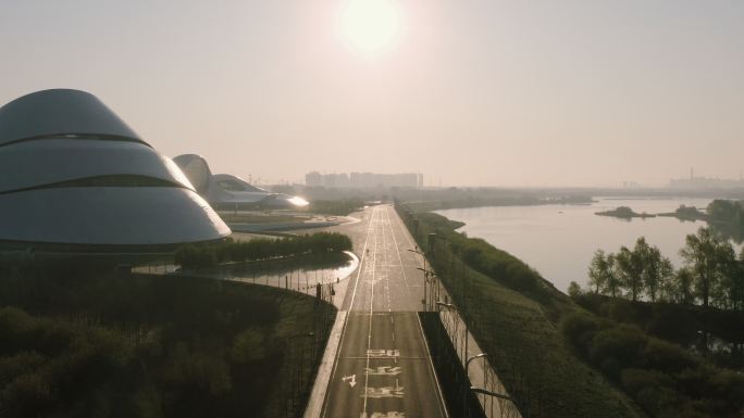 4K哈尔滨大剧院松花江太阳岛城市大景航拍