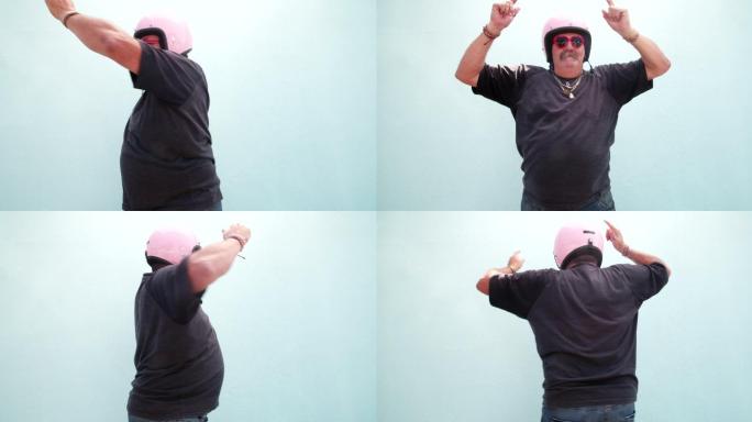 戴粉红色头盔跳舞的男子