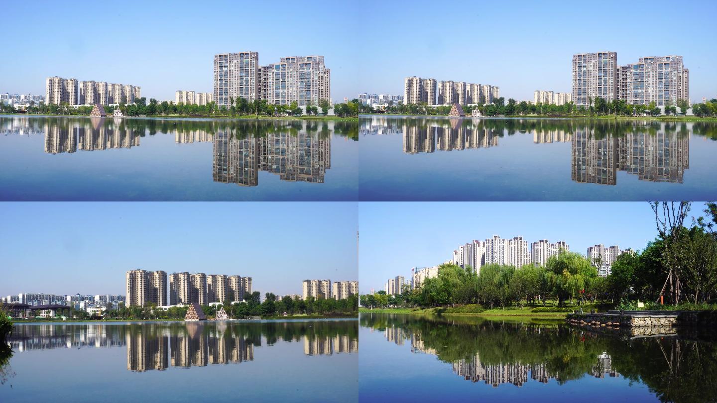 成都锦城湖水中建筑景色倒影