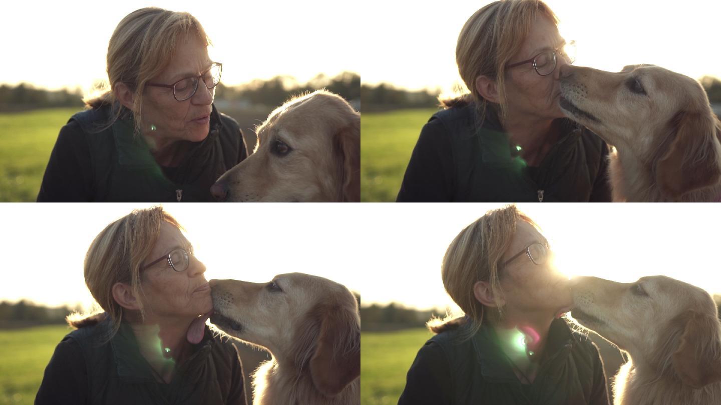 日落时分一位老妇人和她的狗狗的画像