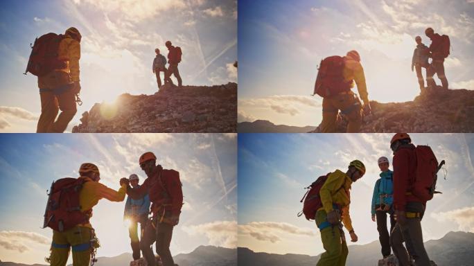 登山者在阳光下与等待在山顶的登山者握手