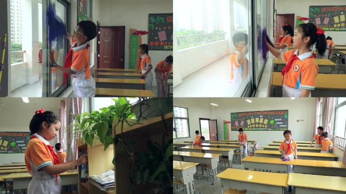 小学生参加学校大扫除校内劳动课