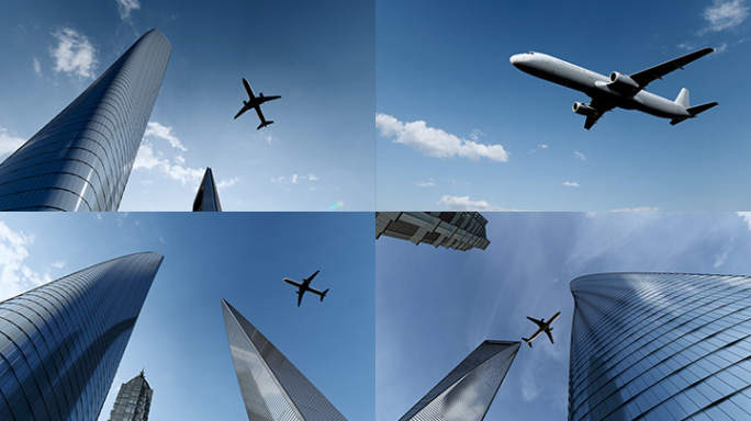 飞机飞过商务楼顶高端意境创意梦想未来蓝天