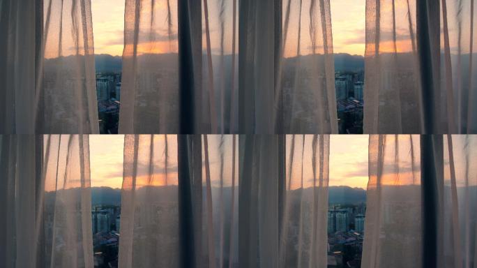 早晨房间窗户的窗帘