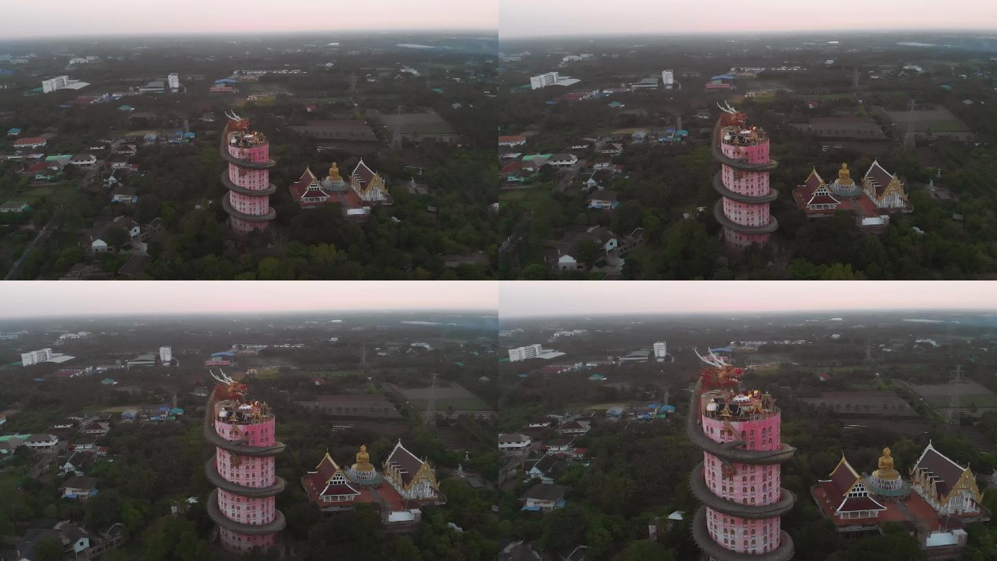 航拍泰国佛统府龙庙巨龙寺庙拉近分镜