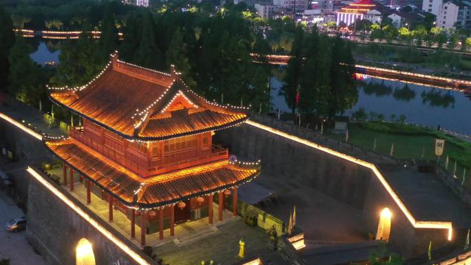 湖北荆州古城夜景航拍4K视频