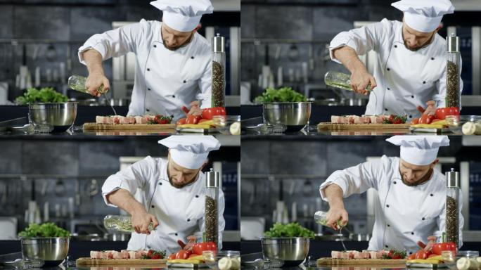 在制作菜品的厨师升格慢镜头食材准备美食制