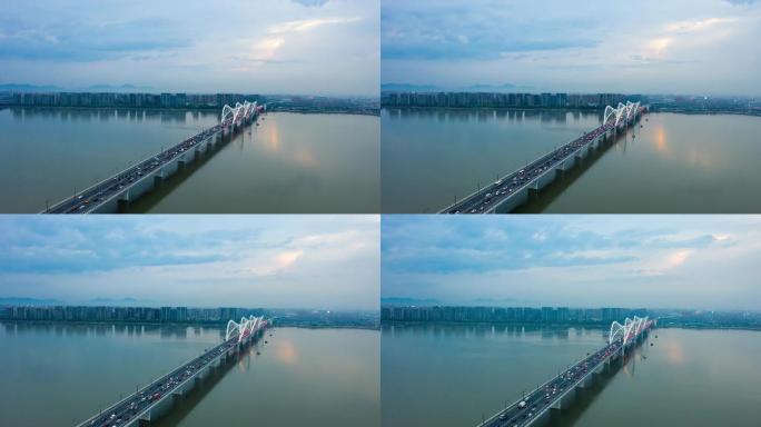 4K航拍杭州钱塘江九堡大桥车流延时摄影