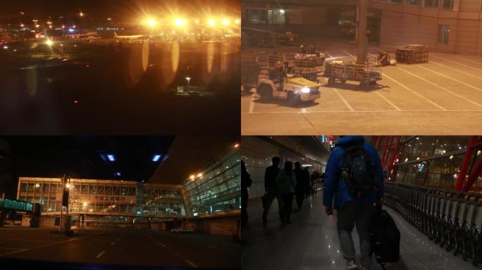 深夜机场飞机降落、人流、机场环境视频素材