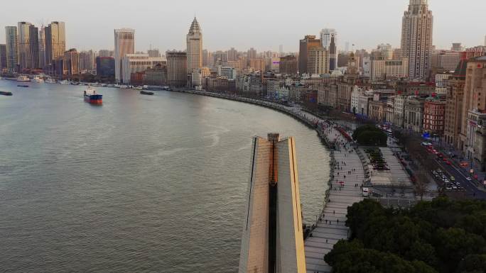 上海外滩万国建筑群日落航拍4k