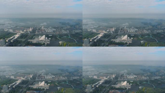 4K航拍上海南汇临港滴水湖起雾全景