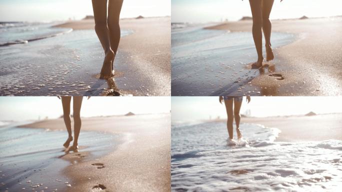 女孩走在海边的沙滩上