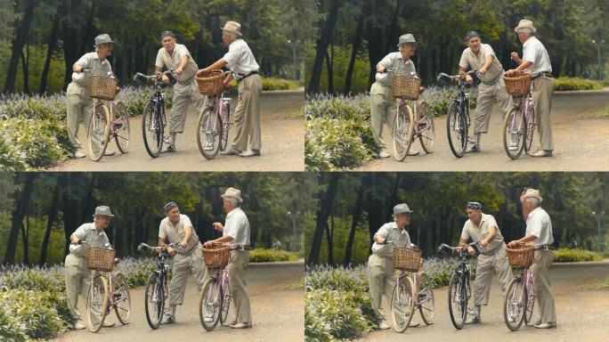 三个骑自行车的老朋友在公园里谈话