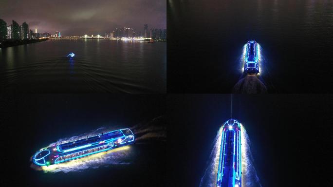 航拍湘江游轮夜景