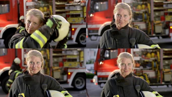 一名女消防员脱下头盔的画像
