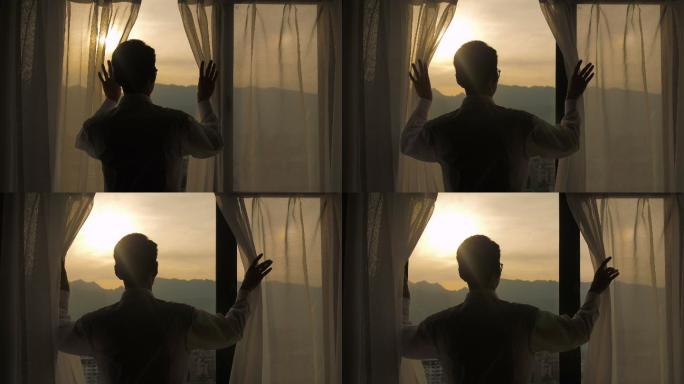 早上拉开窗帘的商人