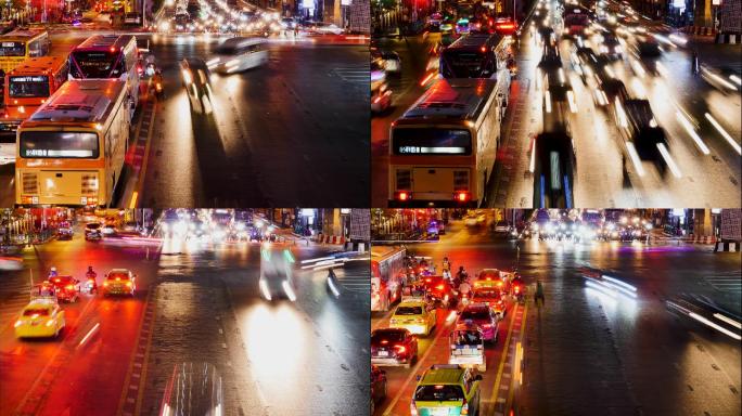 曼谷夜间交通延时夜景车流车水马龙川流不息