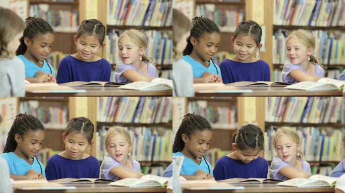 在图书馆一起学习欧美外国人种白人黑人孩子