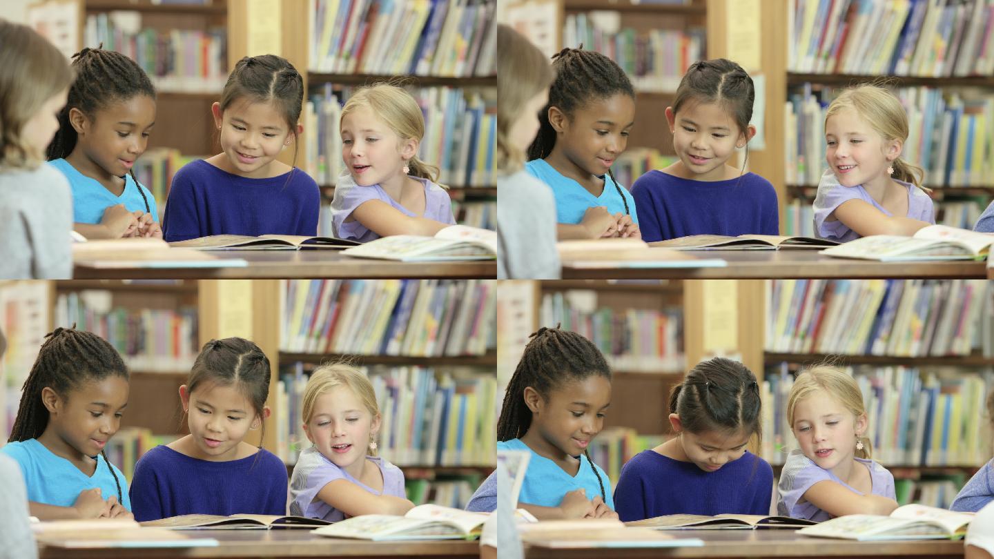 在图书馆一起学习欧美外国人种白人黑人孩子