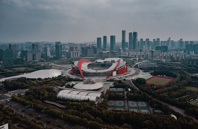 江苏南京南京奥利匹克体育中心航拍延时