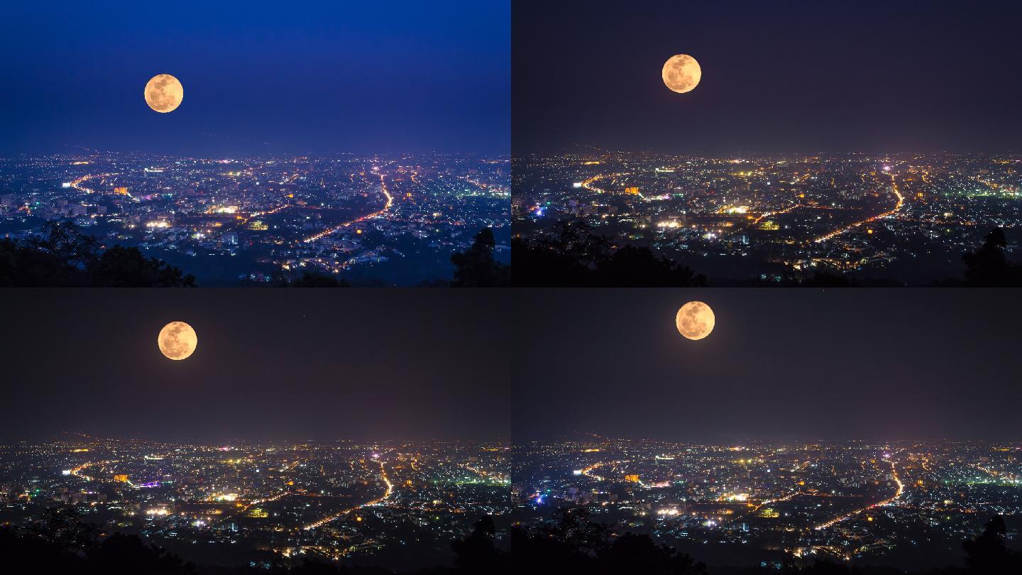 夜晚城市月亮慢慢升起圆月中秋月亮