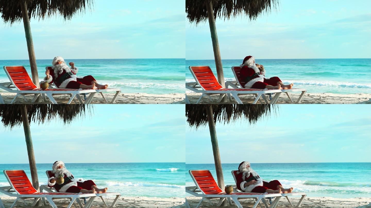 躺在海边休息的圣诞老人