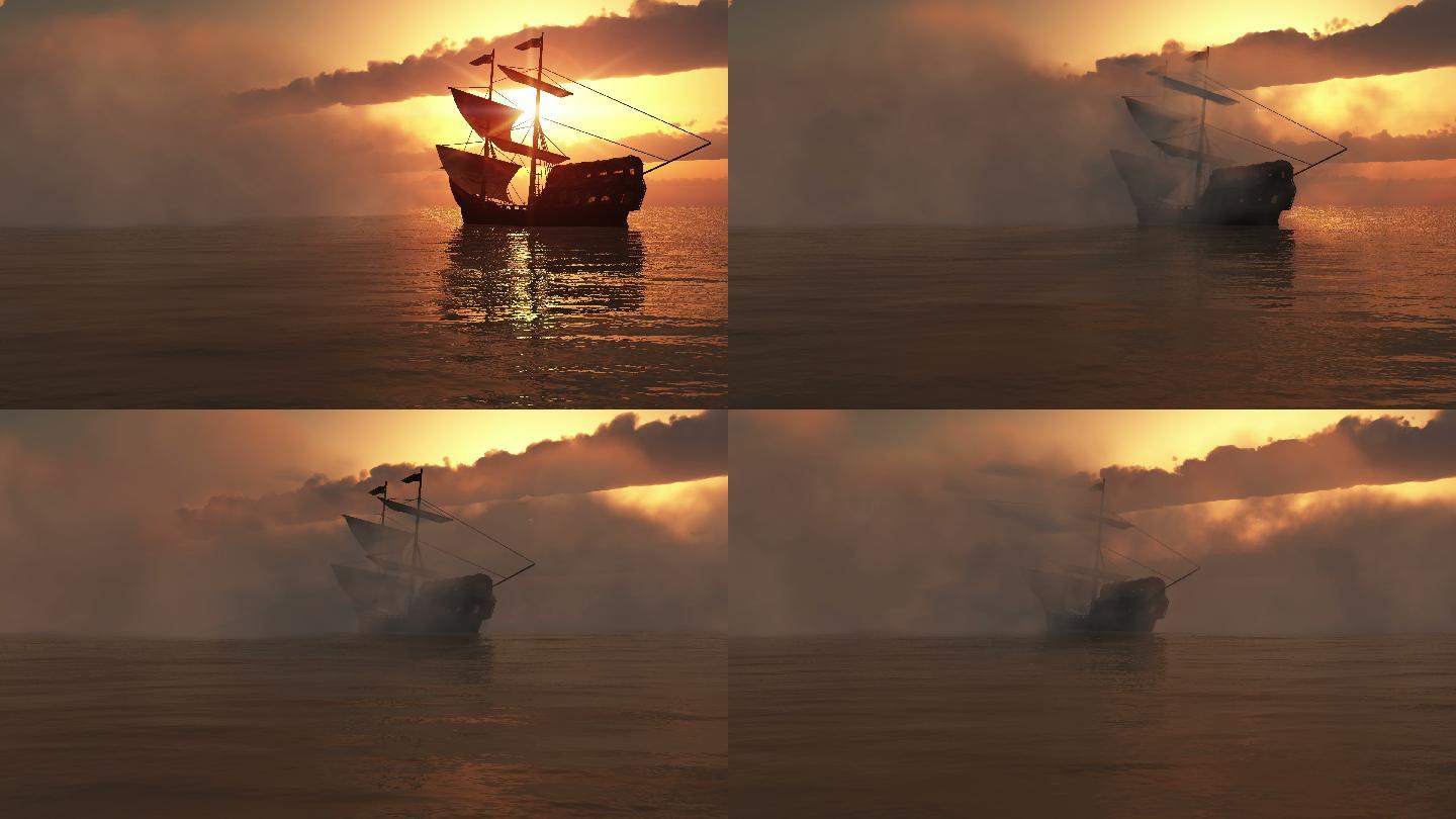 日落中的雾与旧船出航航海扬帆起航