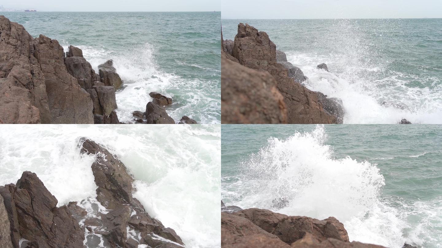 海邊礁石海浪拍打浪花升格