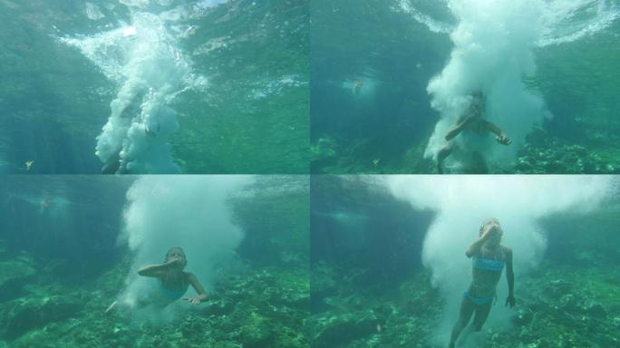 跳水的少女升格慢镜头潜水海边