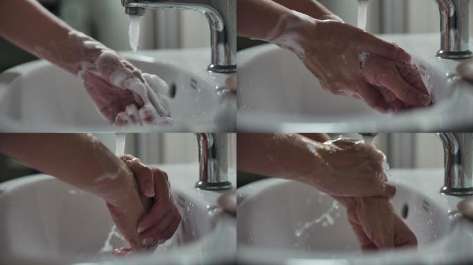 慢动作特写用肥皂洗手