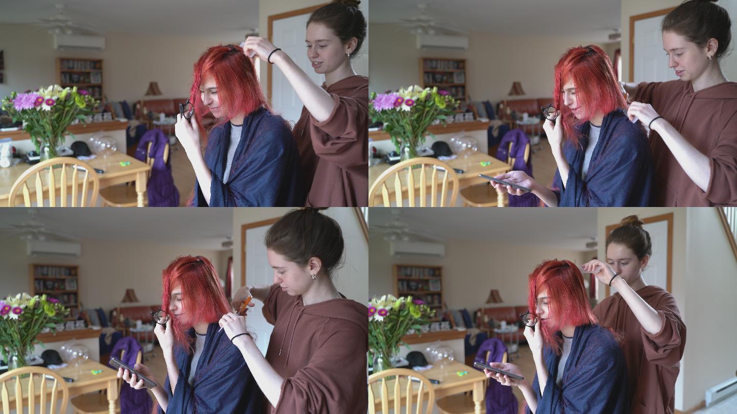 姐姐在家给妹妹剪头发，