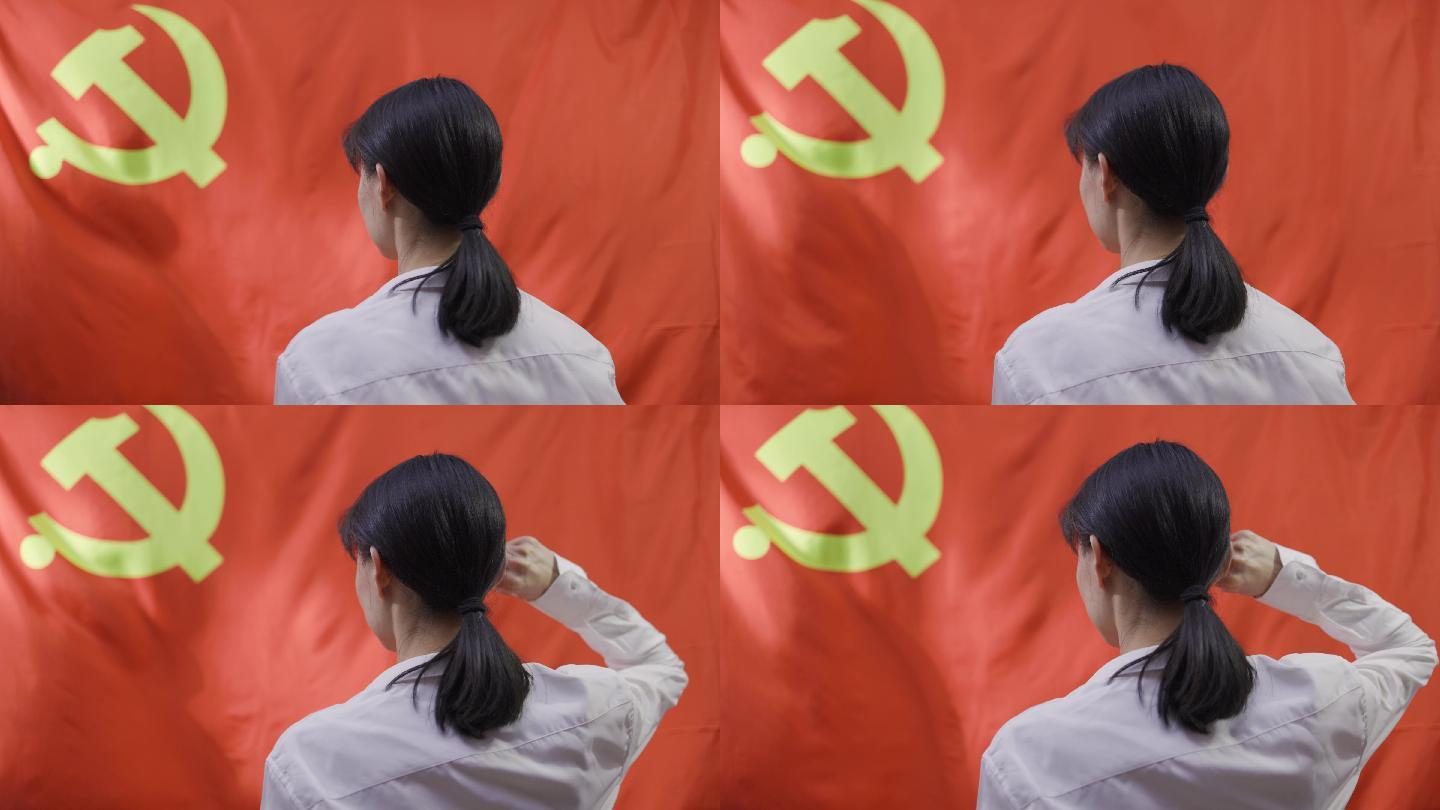 4K女青年向党旗宣誓视频素材