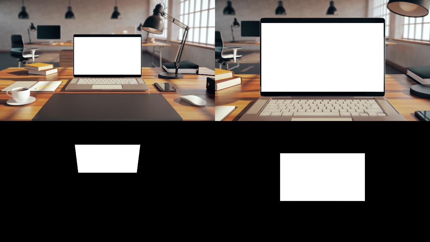 办公桌上的笔记本电脑，相机缩放到屏幕动画